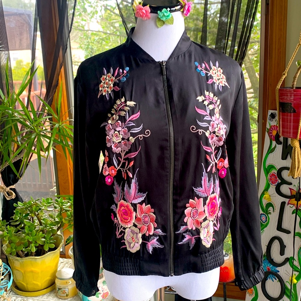 A. Moss satin bomber jacket with floral embroidery